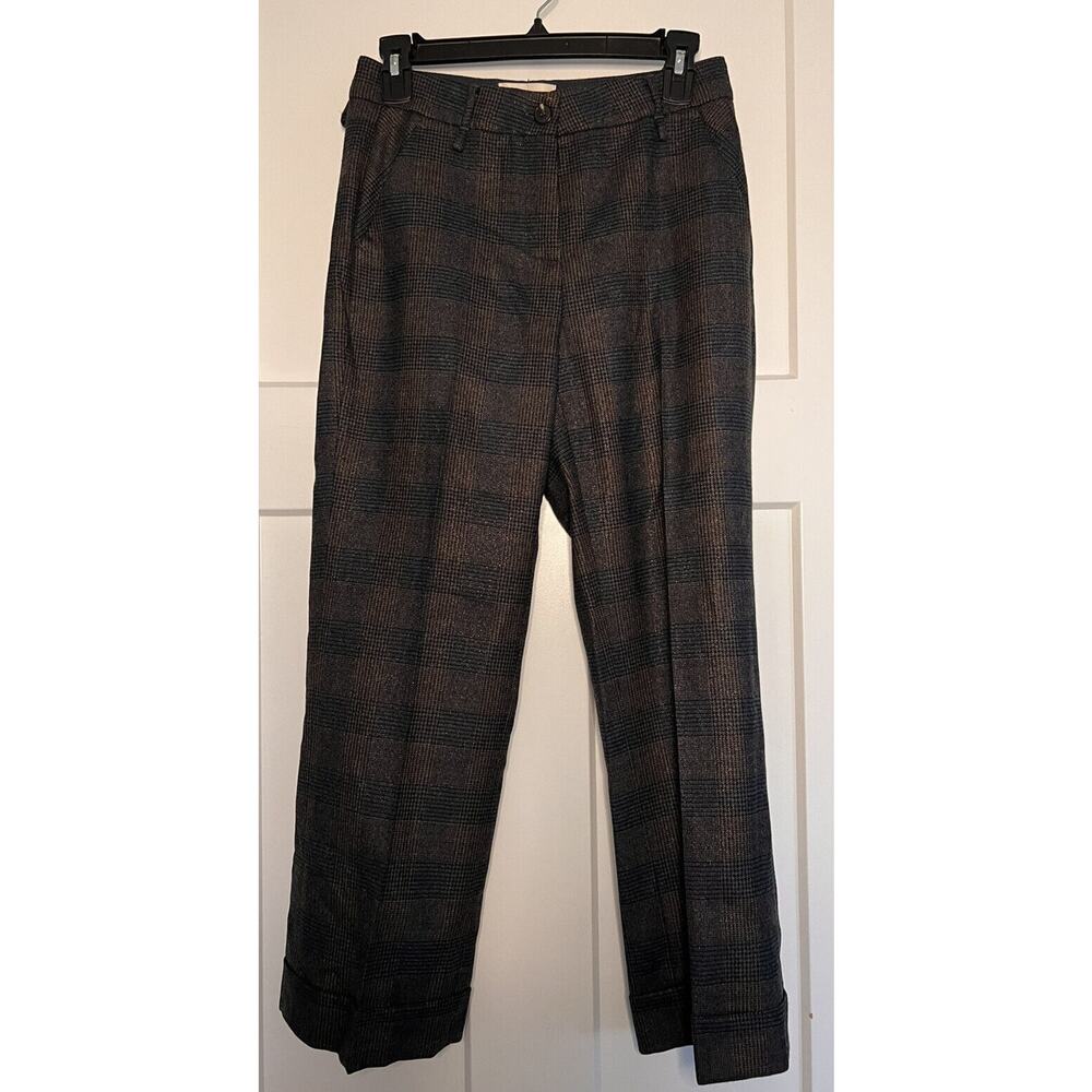 Via Masini 80 Womens Textured Check Pants Brown Bronze Thread Size 6 WOOL - Picture 1 of 10